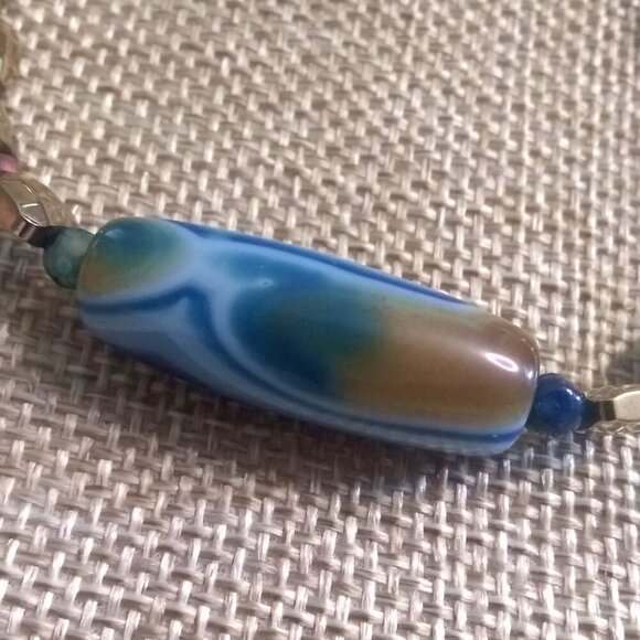 Banded Blue Agate Column & Sand Tile Bracelet! Beachy Coastal Ocean + Sand Hues - Picture 4 of 9